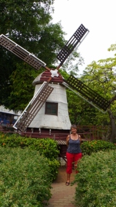 Sue by the little replica of a dutch windmill